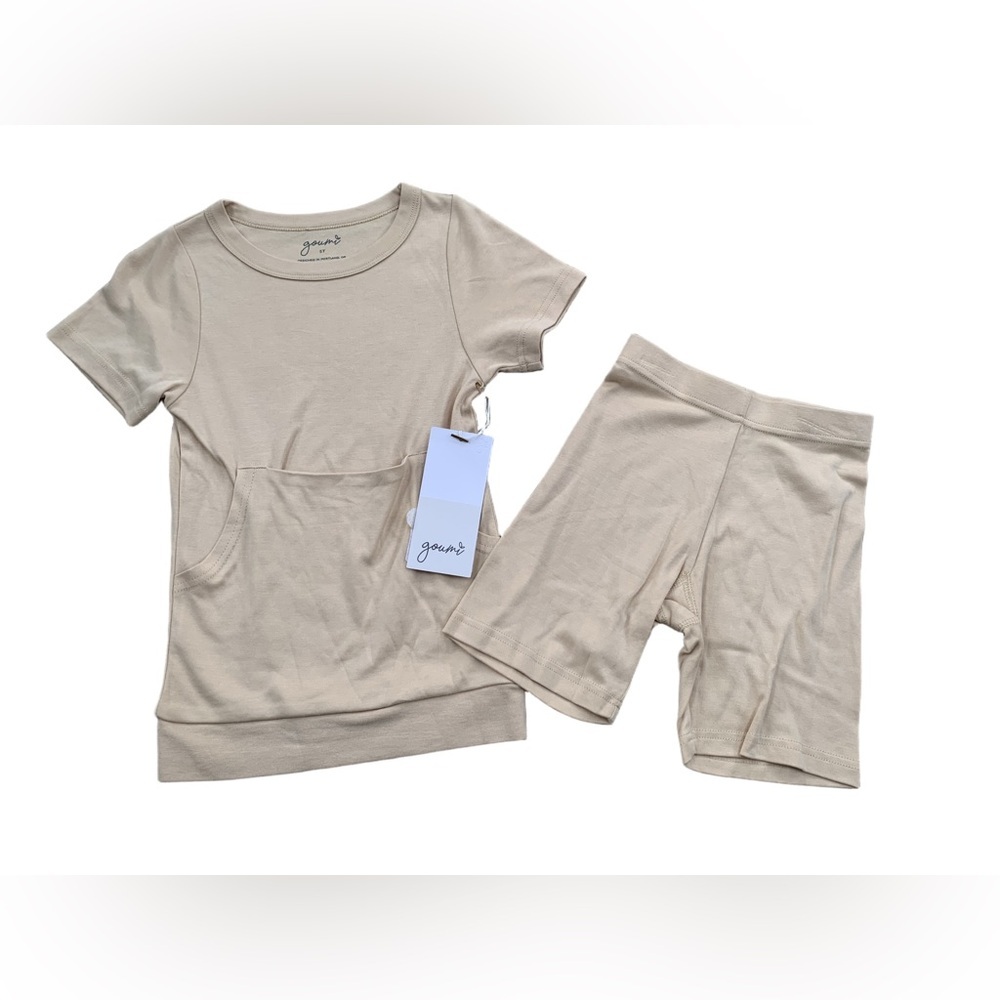 Goumi NWT Size 5T Dune Tan Loungewear Biker Shorts Pajamas Set Bamboo Blend